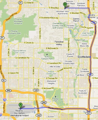 Map from Phoenix Sky Harbor International Airport to Wellness Restoration